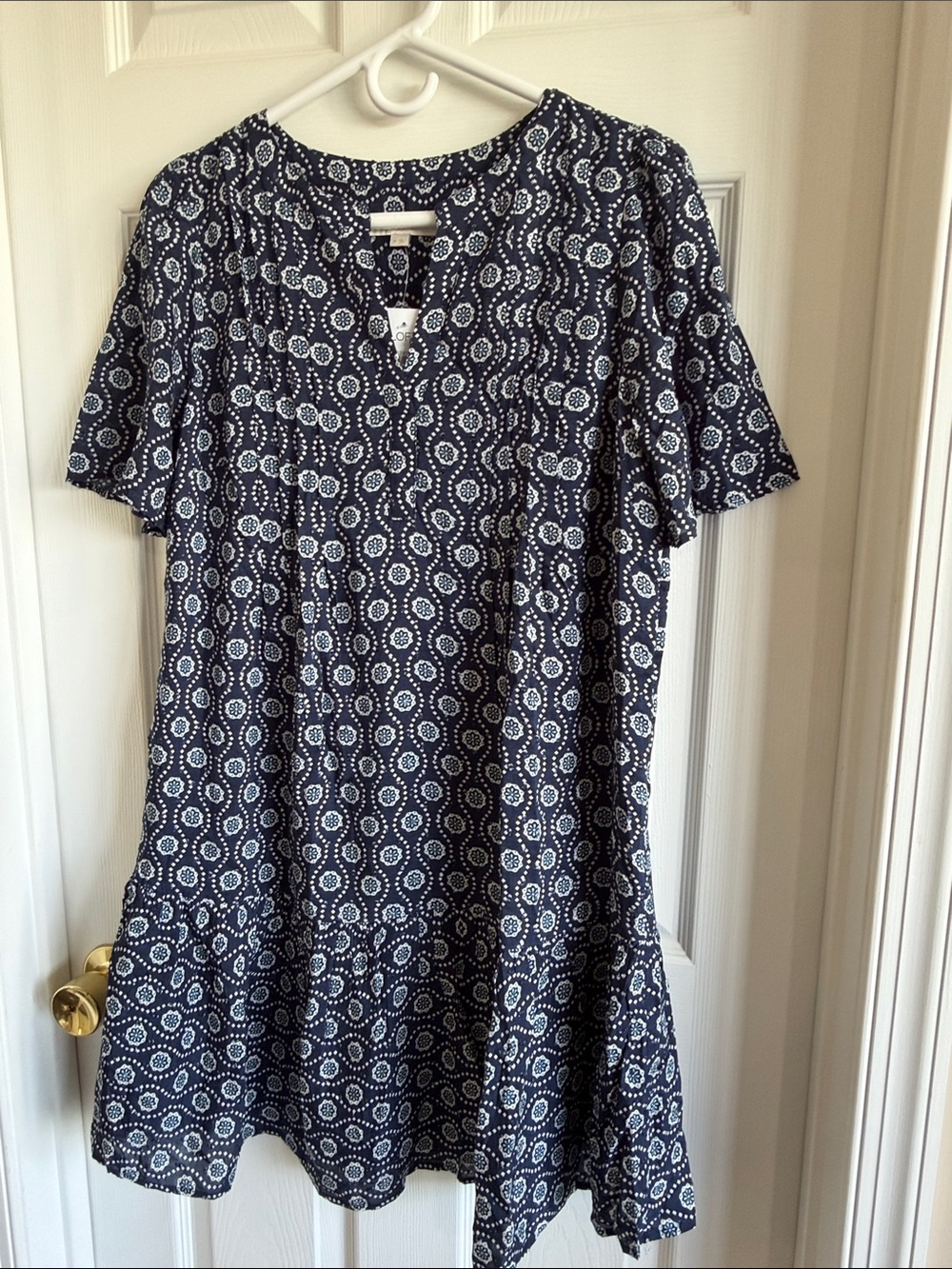 NWT LOFT Navy Printed Short Sleeve Tiered Mini Dress - Picture 8 of 12